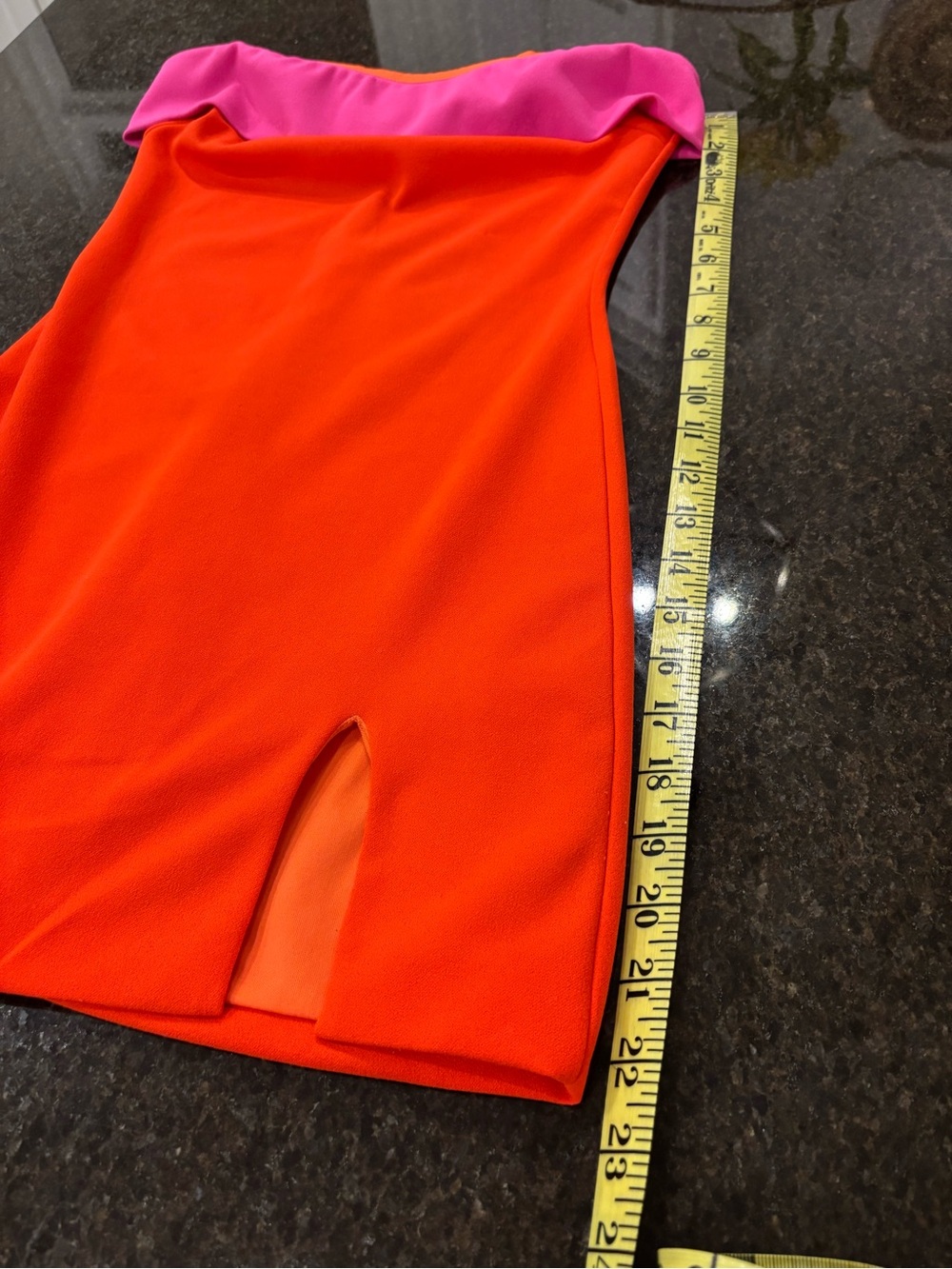 Strapless Orange Mini Dress with Pink Foldover Neckline by boutique brand Klesis - Picture 5 of 7